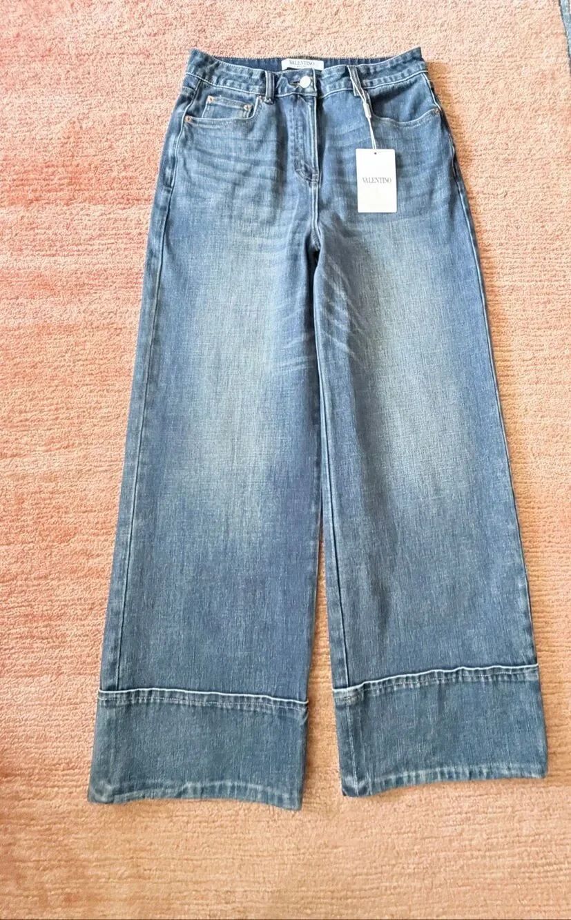Women’s Wide Leg High Rise Blue Denim Jeans Luxe Designer Style NWT Size L